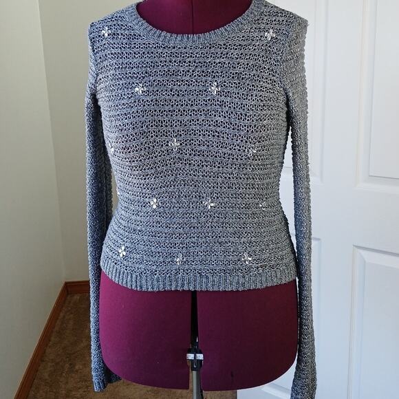 Hollister Grey Sparkle Knit Sweater Medium repaired bejeweled silver lightweight - Picture 5 of 16